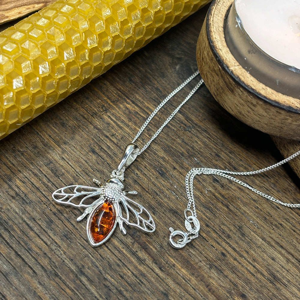 Amber and Sterling Silver Bee Pendant