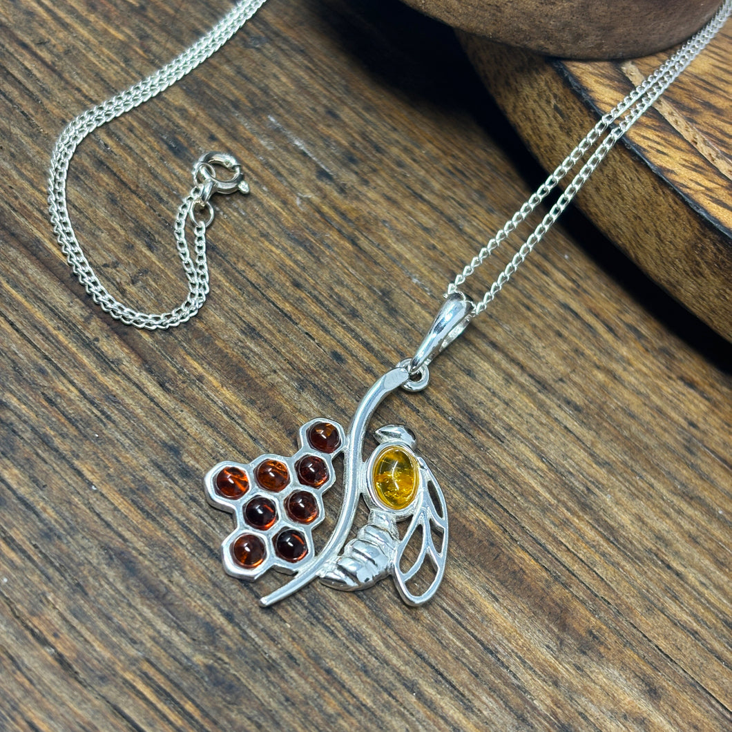 Amber and Sterling Silver Bee and Honeycomb Pendant