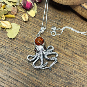 Amber & Oxidised Sterling Silver Octopus Pendant