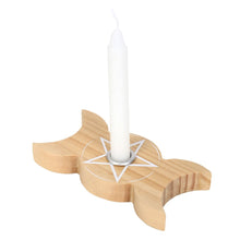 Load image into Gallery viewer, Natural Wooden Triple Moon Spell Candle Holder