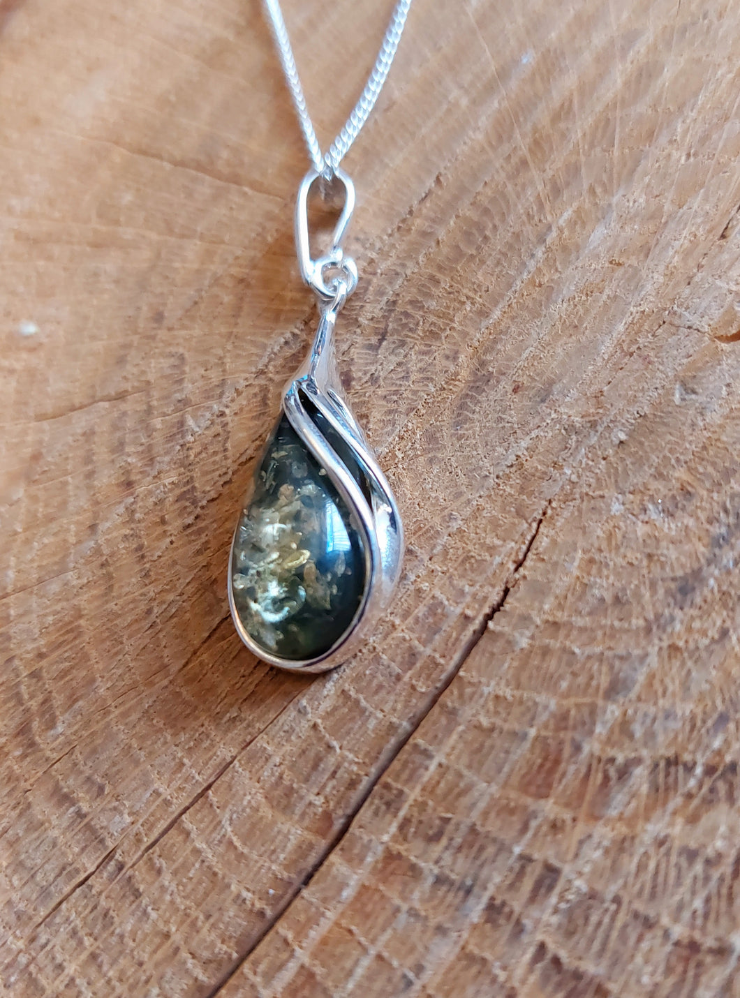 Green Amber & Sterling Silver Teardrop Pendant and Chain