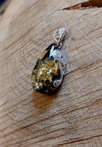 Dark Green Amber and Sterling Silver Pendant