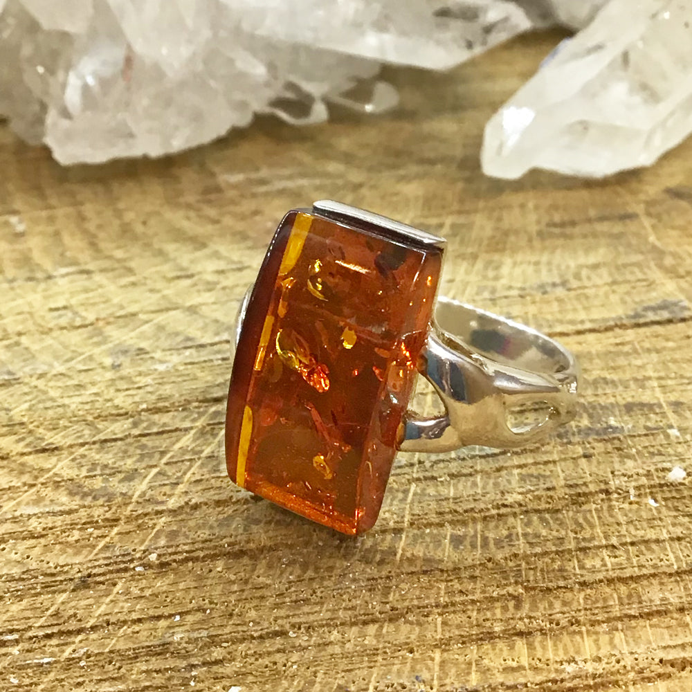 Sterling Silver Large Rectangle Amber Ring