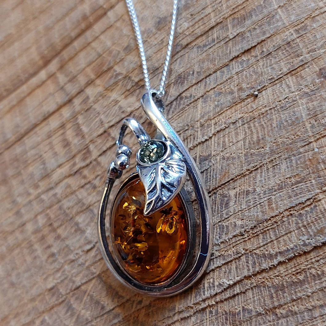Brown & Green Amber and Sterling Silver Pendant and Chain