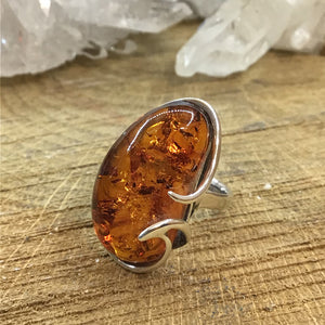 Sterling Silver Kidney Bean Shaped Amber Ring