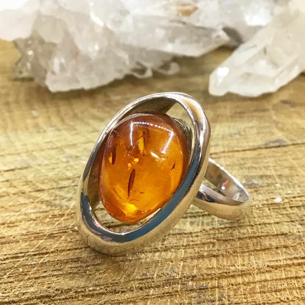 Kidney Shaped Design Sterling Silver and Amber Ring