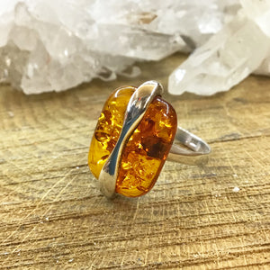 Sterling Silver and Oblong Amber Ring