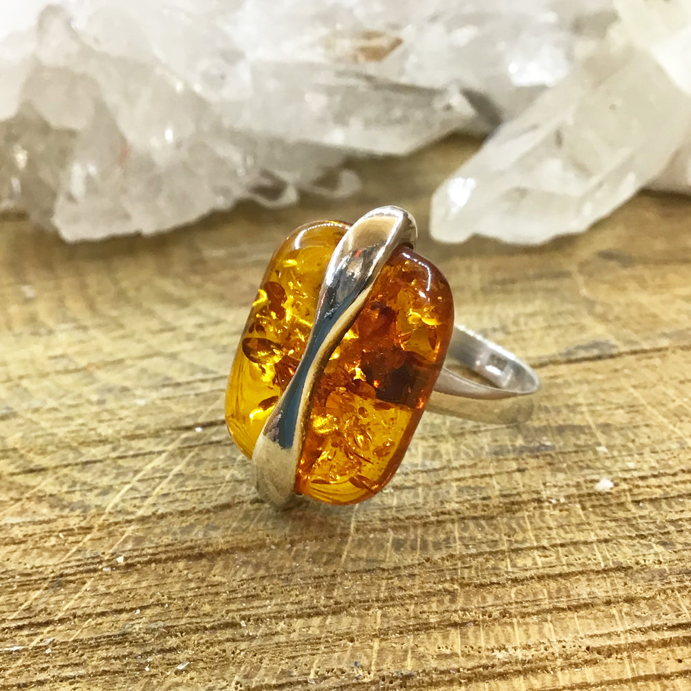 Sterling Silver and Oblong Amber Ring