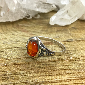 Ornate Sterling Silver and Oval Amber Ring