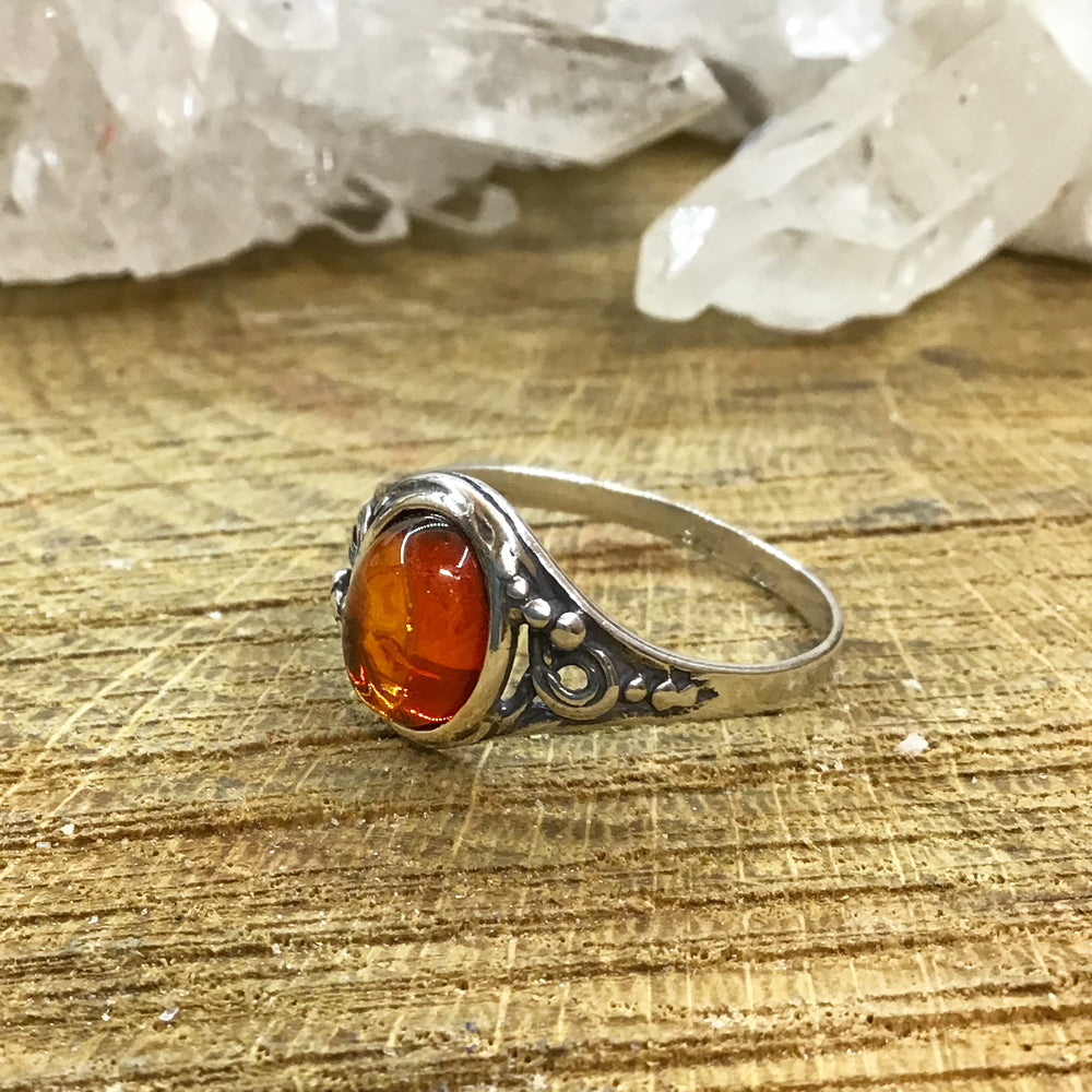 Ornate Sterling Silver and Oval Amber Ring
