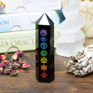 Black Obsidian Point with Colourful Chakra Symbols