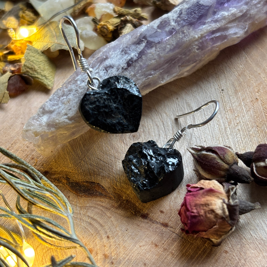 Black Tourmaline Heart Carved Drop Earrings