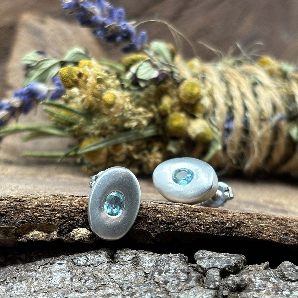 Oval Blue Topaz Brushed Sterling Silver Earrings