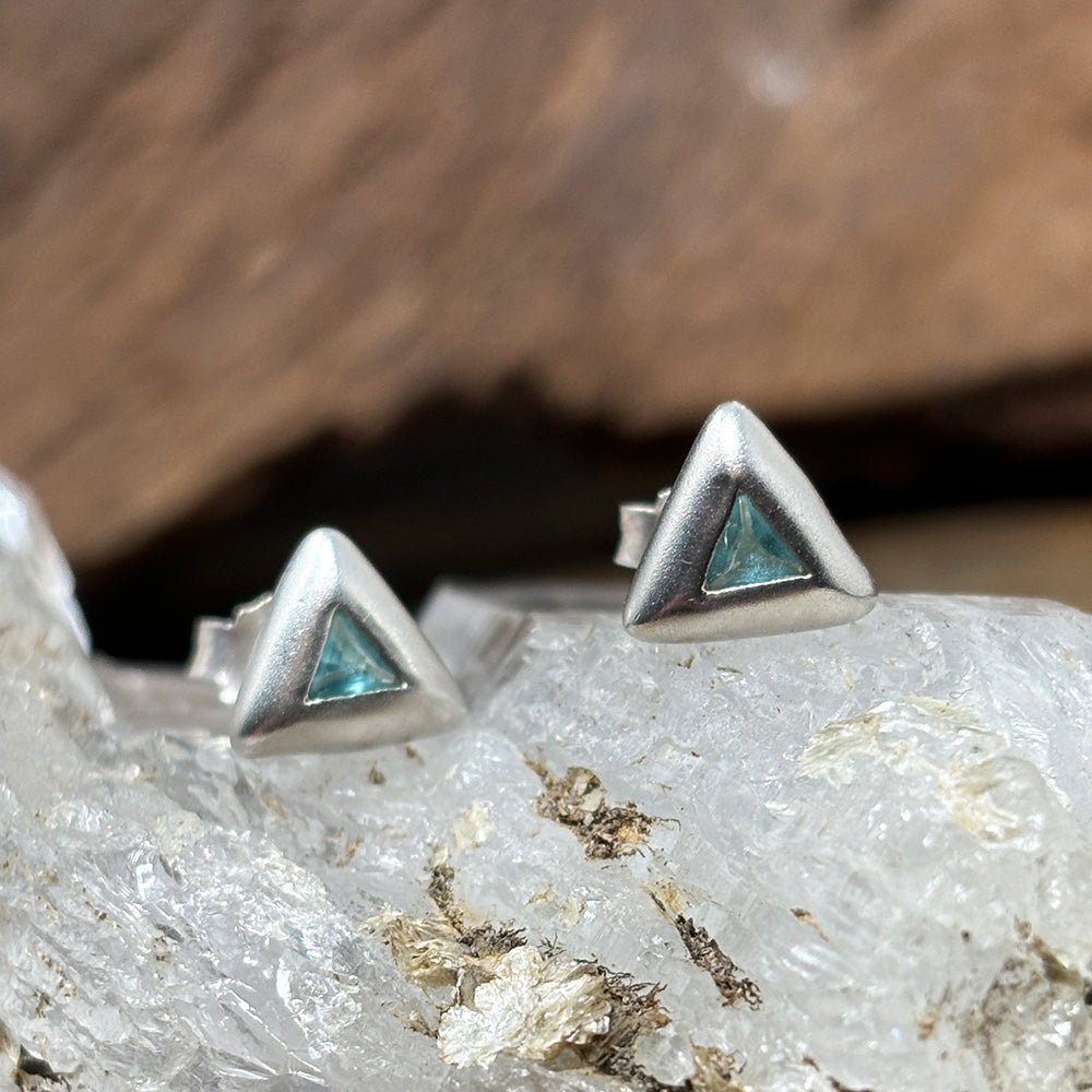 Triangular Blue Topaz Brushed Sterling Silver Studs