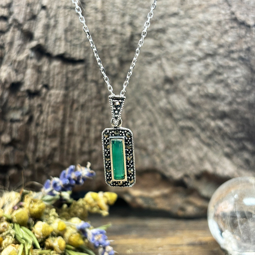 Marcasite & Green Agate Sterling Silver Pendant