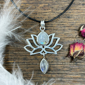 Rainbow Moonstone Lotus Sterling Silver Pendant