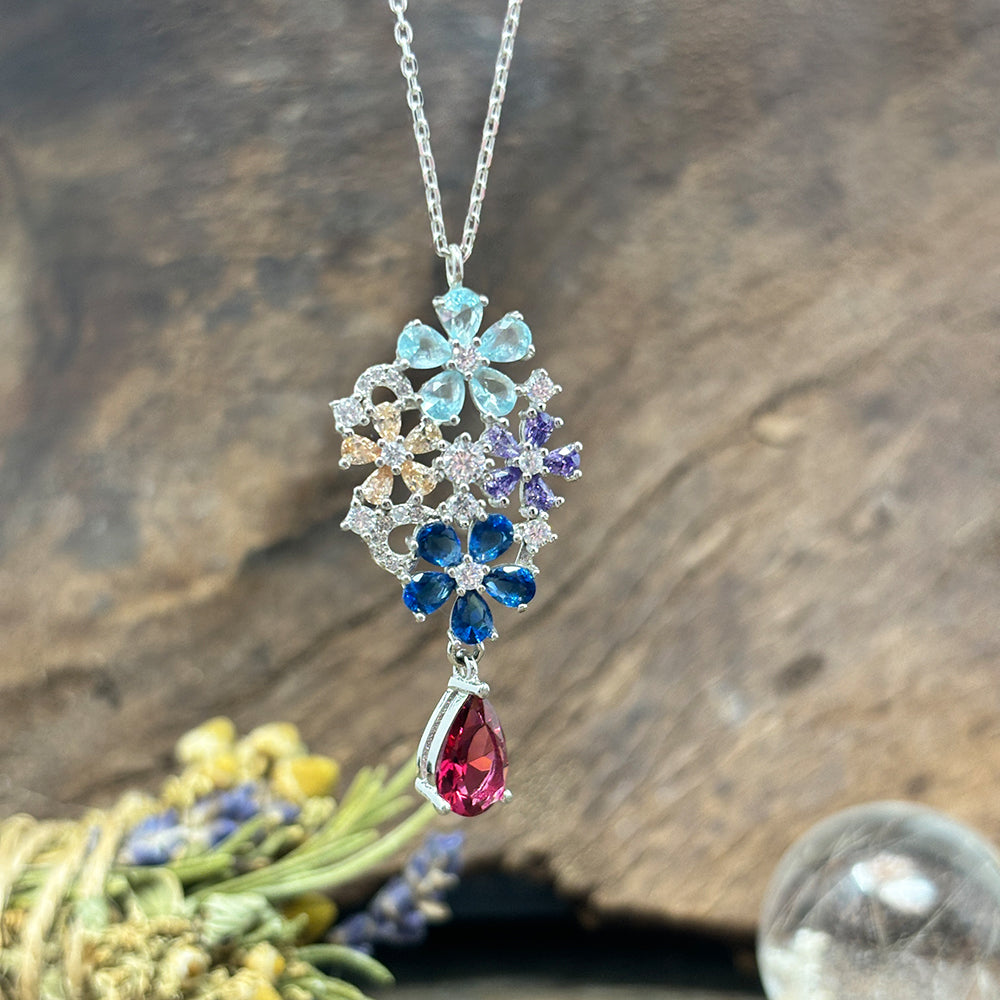 Sterling Silver and Flowers Cubic Zirconia Drop Pendant