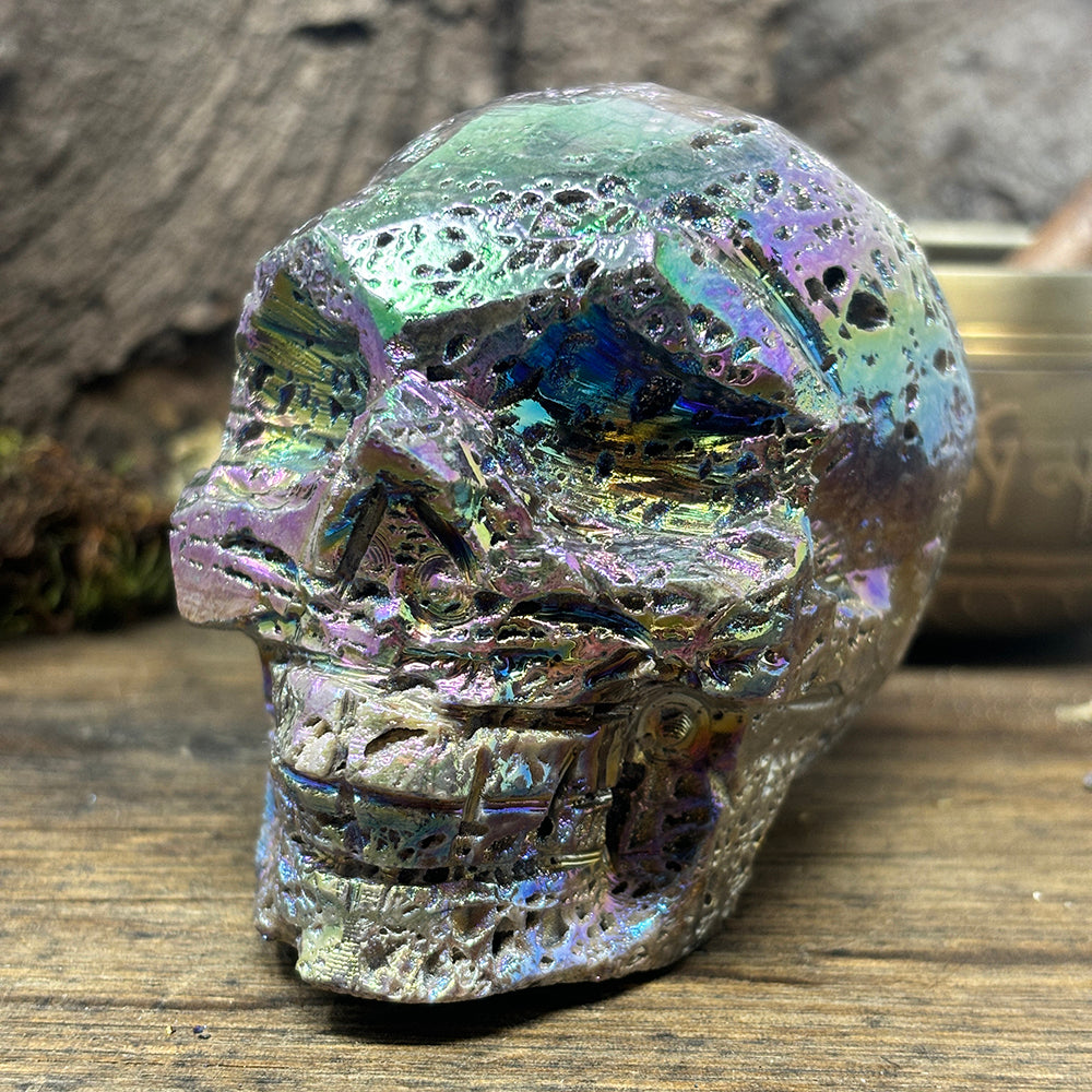 Titanium Aura Sphalerite Skull Carving