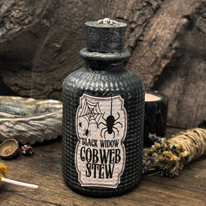 "Black Widow Cobweb Stew" Decorative Bottle