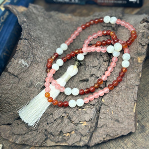 108 Mother of Pearl, Carnelian and Cherry Quartz Crystal Mala