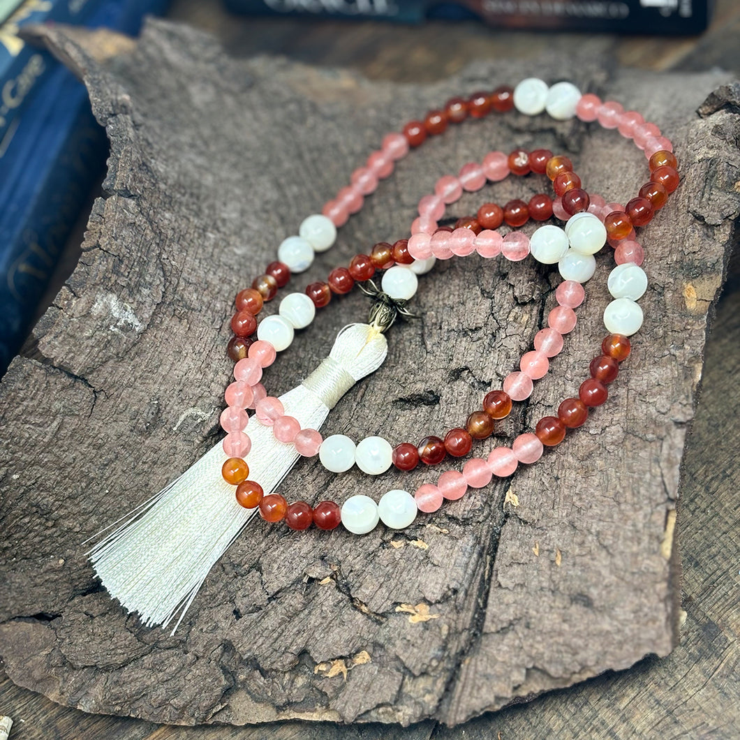 108 Mother of Pearl, Carnelian and Cherry Quartz Crystal Mala