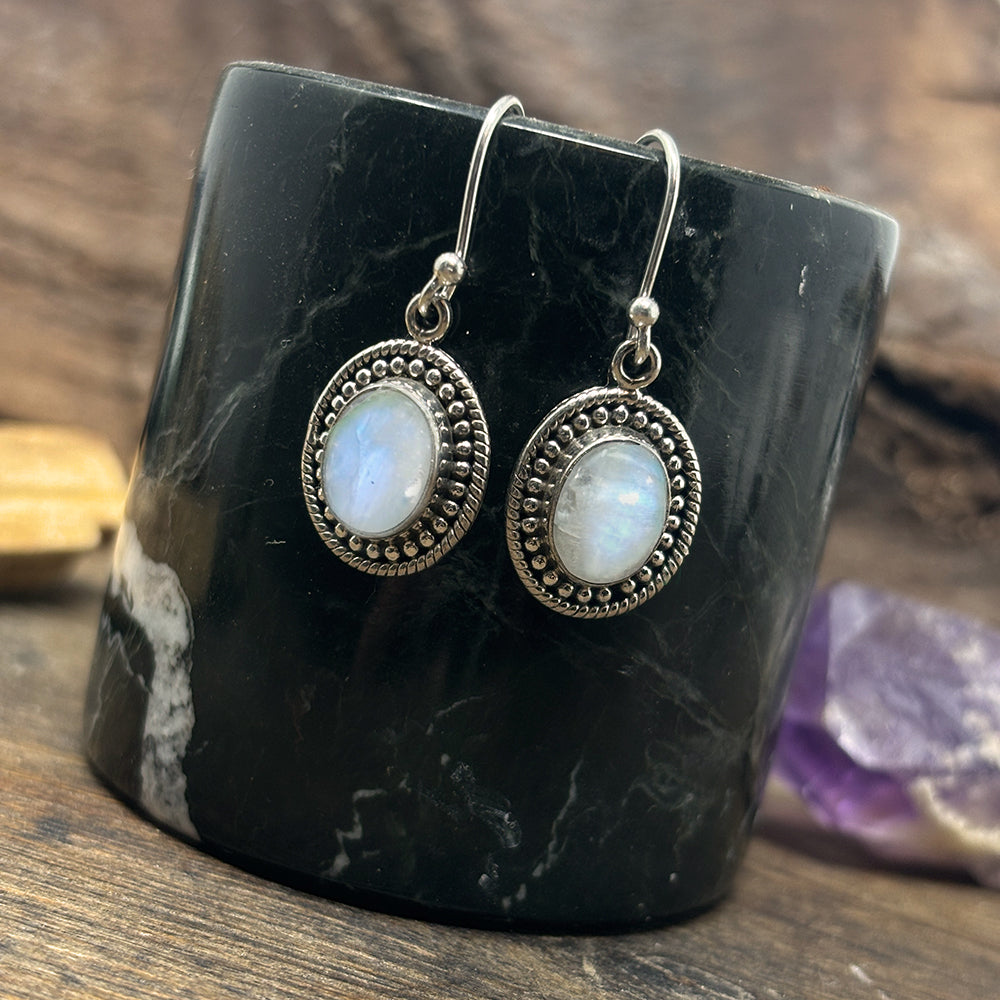 Rainbow Moonstone & Sterling Silver Drop Earrings