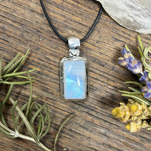 Rectangular Rainbow Moonstone Sterling Silver Pendant