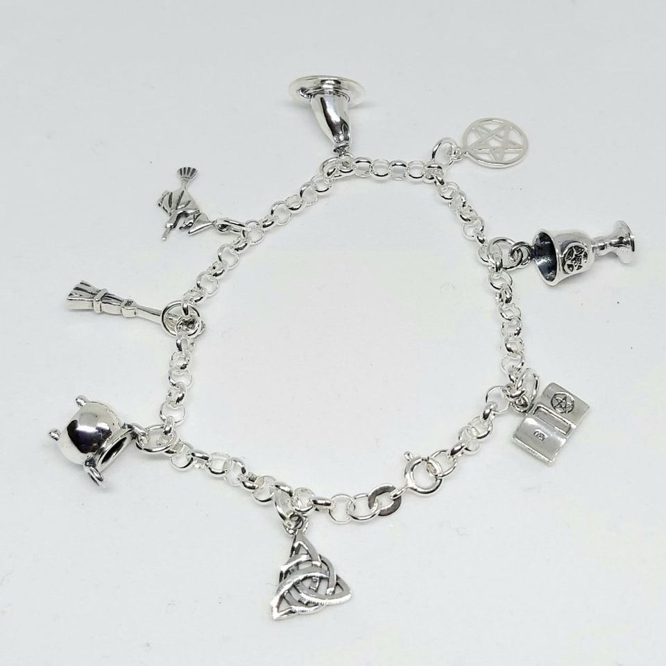 Sterling silver Pagan / Wiccan Charm Bracelet - 8.5 INCH