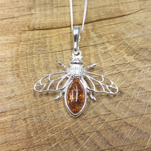 Amber & Sterling Silver Bee Pendant and Chain