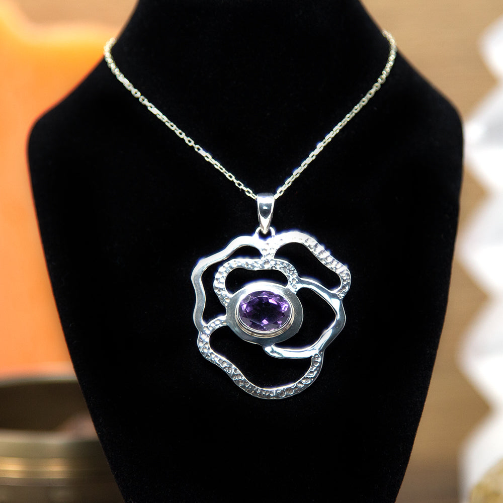 Sterling Silver Amethyst Faceted Rose Necklace - 098