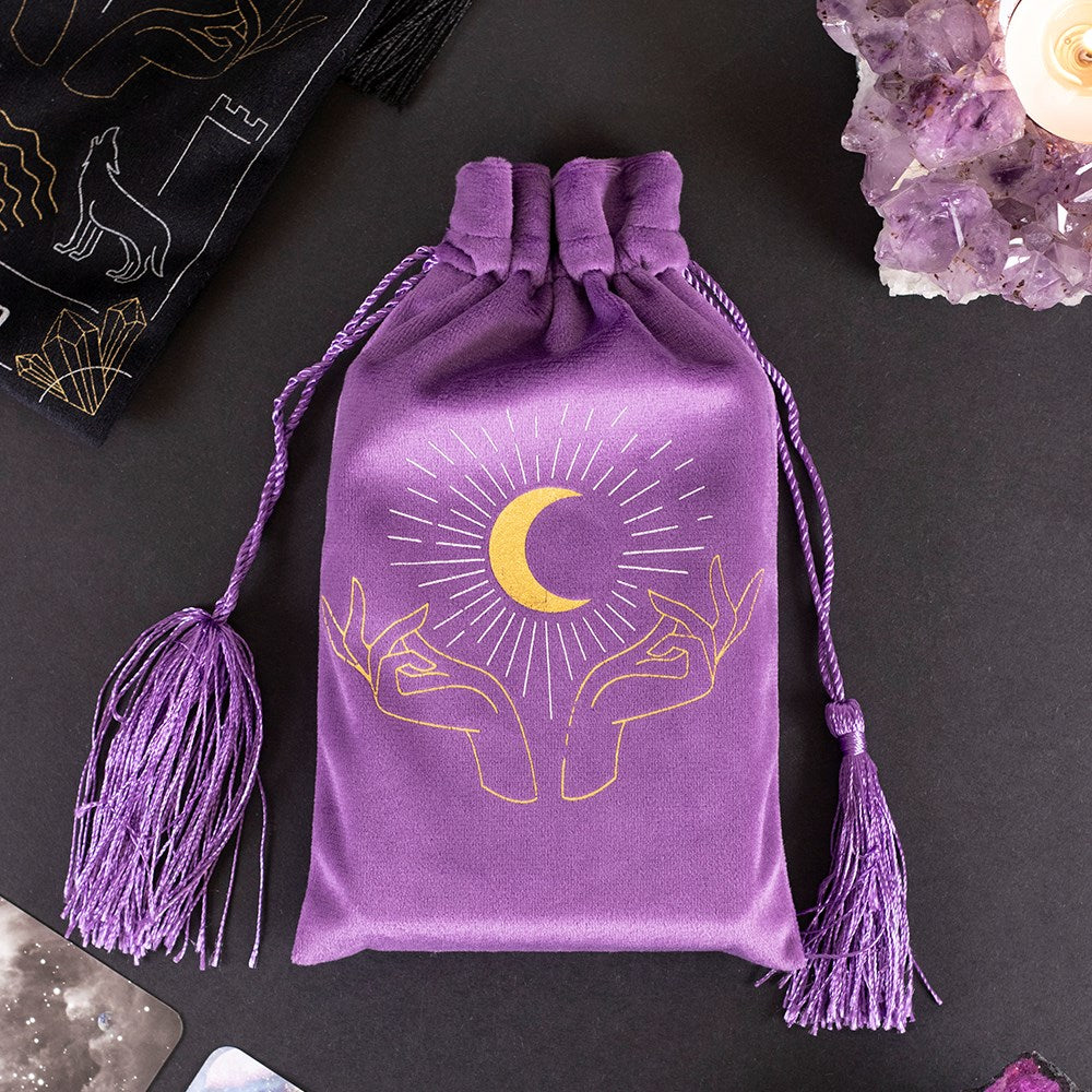 Purple Velvet Hands And Moon Drawstring Tarot Bag