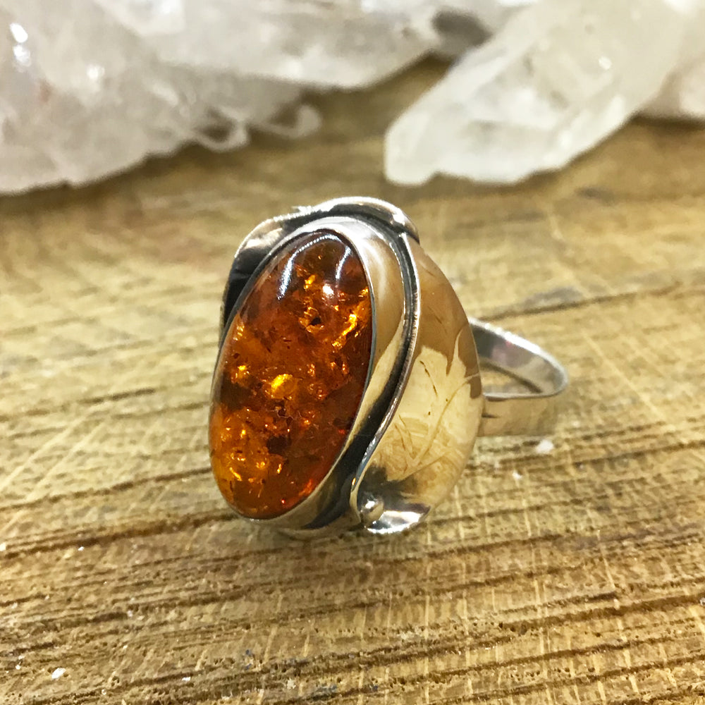 Leaf Design Sterling Silver Large Oval Amber Ring