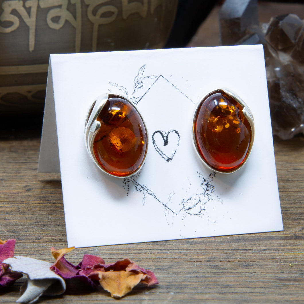 Amber & Sterling Silver Stud Earrings