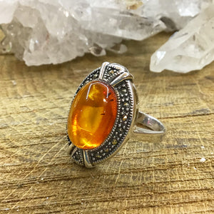 Sterling Silver and Marcasite Amber Ring