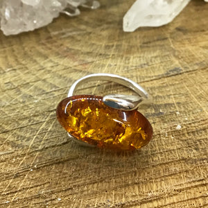 Sterling Silver Side Set Oval Amber Ring