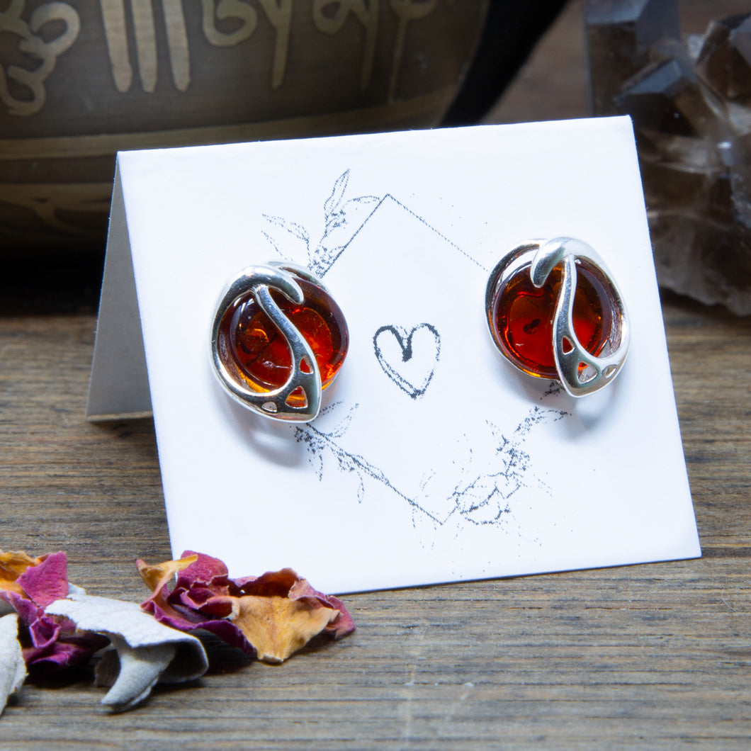 Amber Stud Earrings with Beautiful Sterling Silver Design