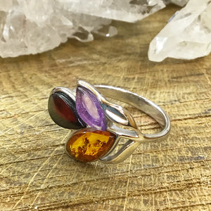 Sterling Silver Amethyst, Garnet and Amber Ring