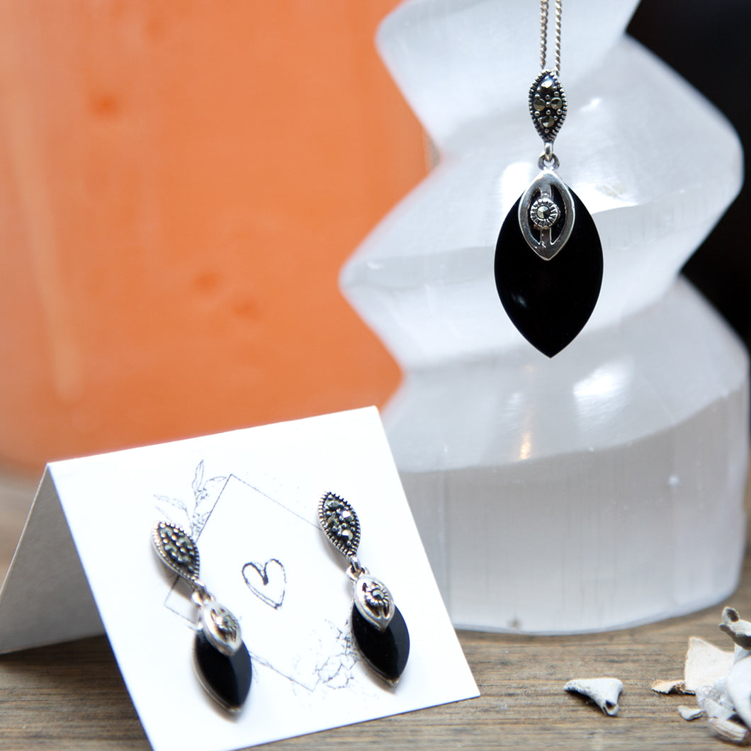 Black Onyx and Marcasite Sterling Silver Pendant & Earrings