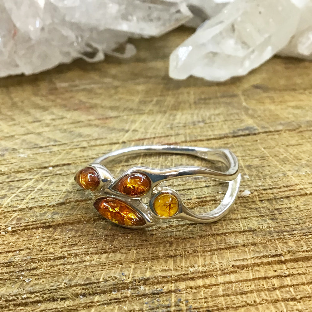 Open Banded Sterling Silver and Amber Ring