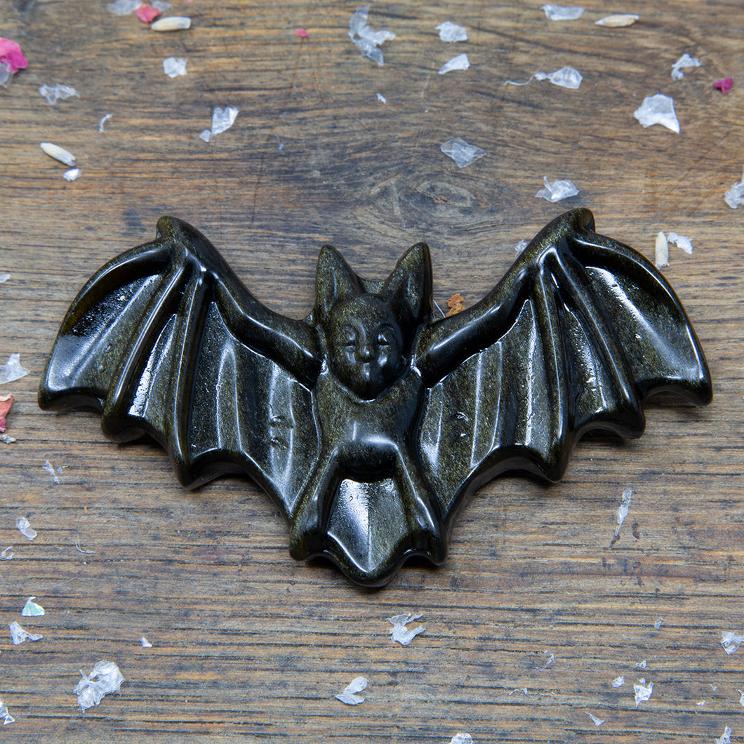 Golden Sheen Obsidian Bat Carving