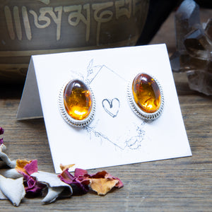 Amber Stud Earrings with Delicate Sterling Silver Edging