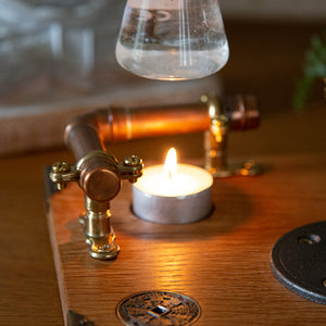 Solid Oak, Copper and Brass Industrial Style Oil Burner (A)