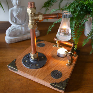 Solid Oak, Copper and Brass Industrial Style Oil Burner (A)