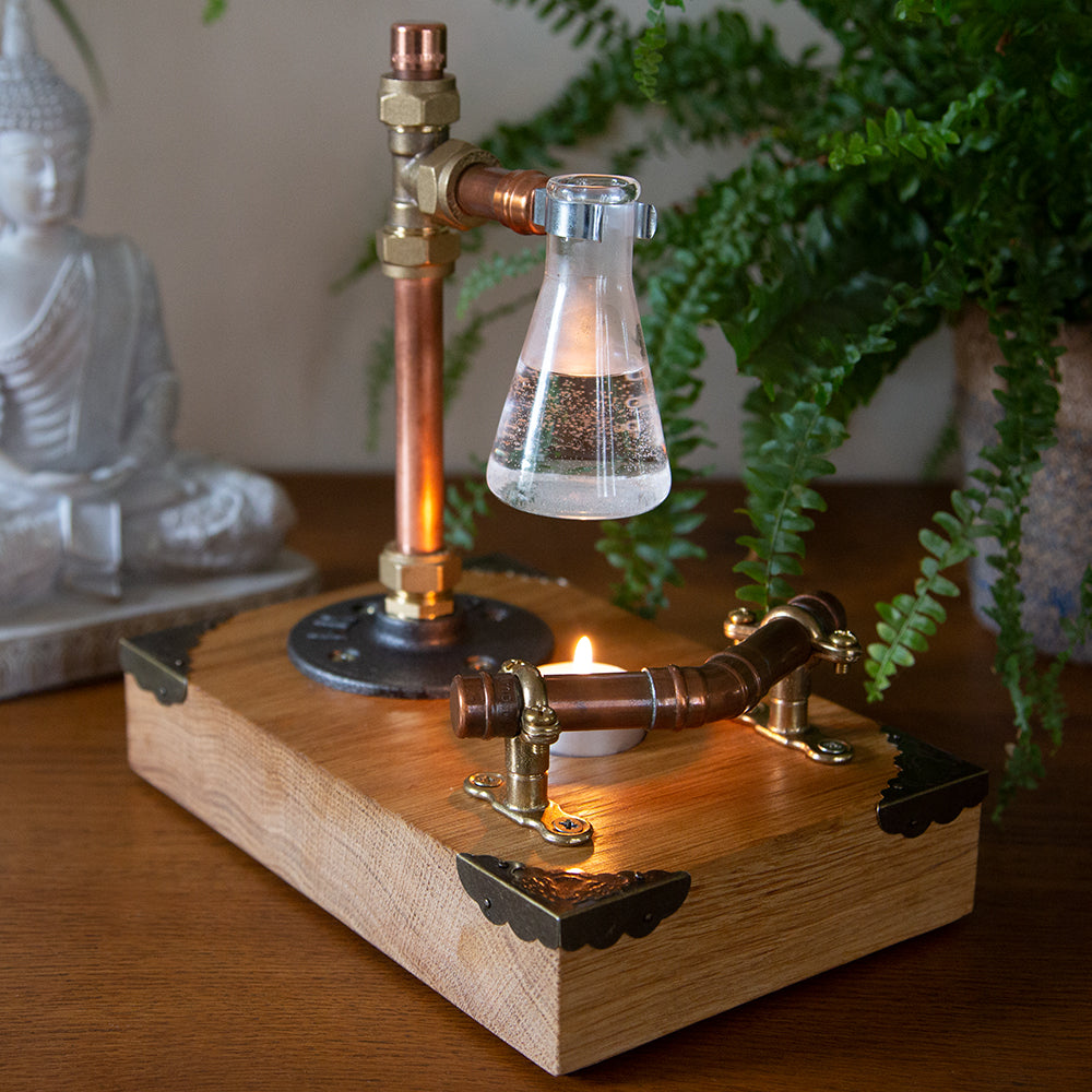 Solid Oak, Copper and Brass Industrial Style Oil Burner (B)