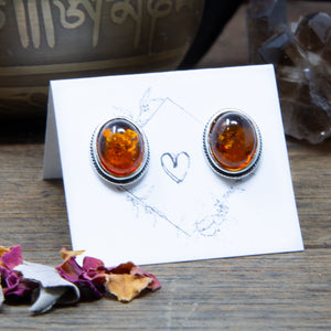 Oval Amber & Sterling Silver Stud Earrings