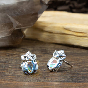 Owl and Abalone Shell Sterling Silver Stud Earrings