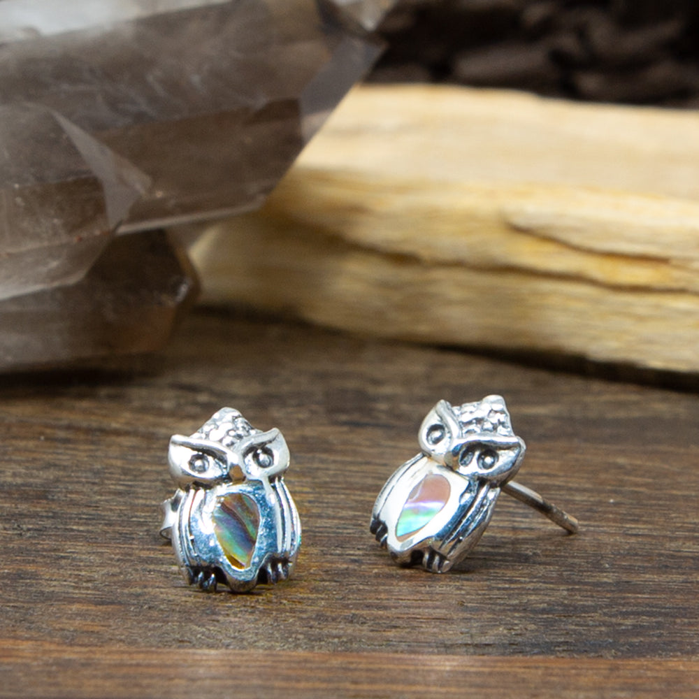 Owl and Abalone Shell Sterling Silver Stud Earrings