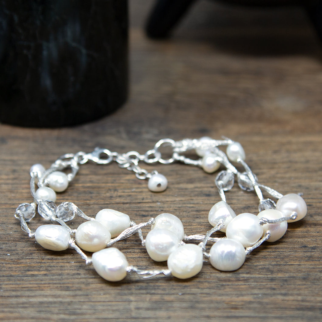 3 Strand Fresh Water Pearl and Quartz Bracelet