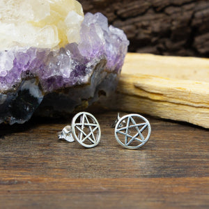 Sterling Silver Pentacle Stud Earrings in Circle