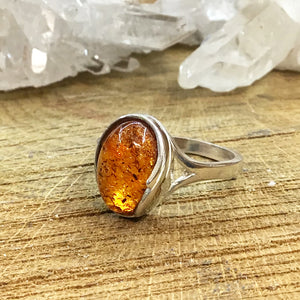 Sterling Silver and Amber Ring with Scroll Design